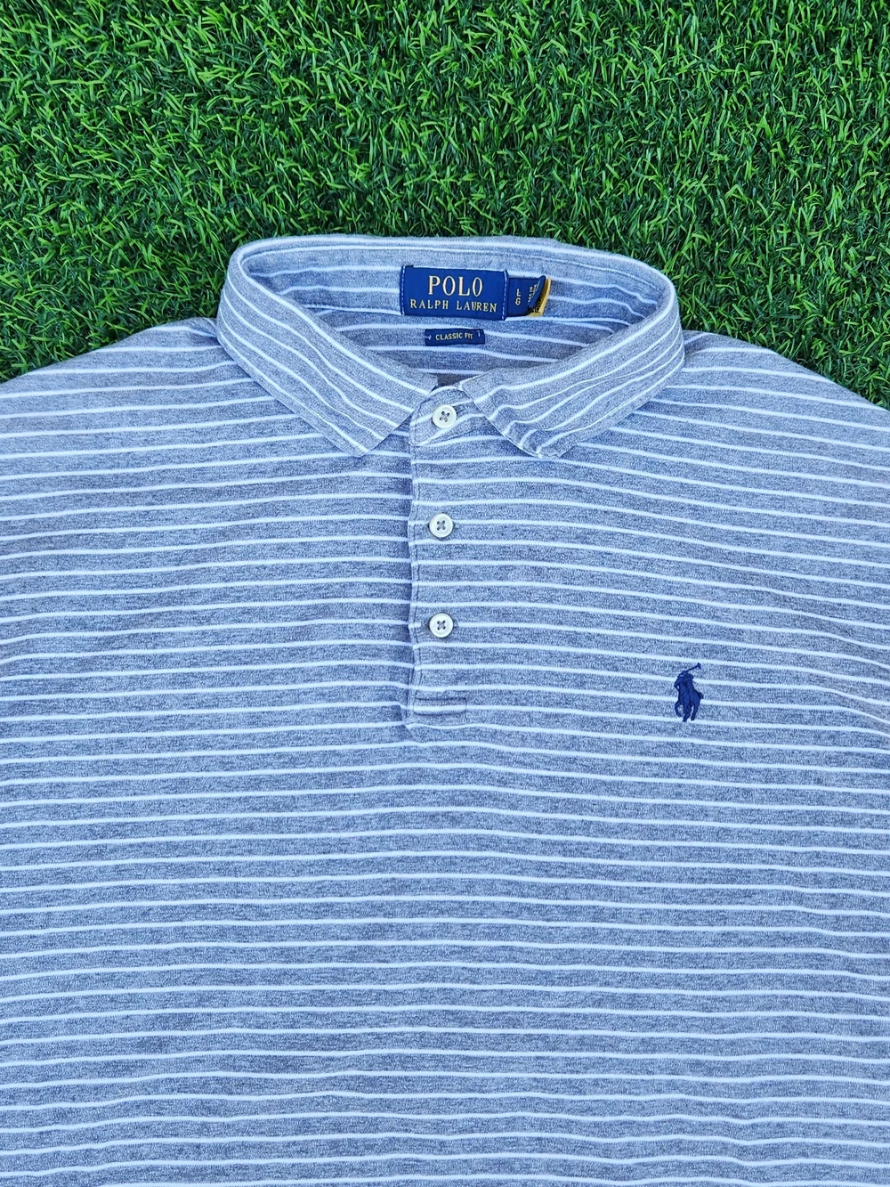 Polo by Ralph Lauren Gray Stripe Classic Fit Polo Shirt SIZE L